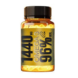 ultra pure fish oil capsules 1440mg in a transparent bottle showing softgel caps.