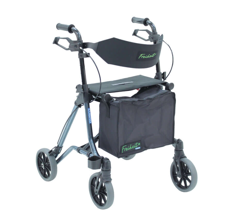 Freiheit® Freedom walking frame - Blue/Bronze Available in blue or bronze stroller,Compact side fold for storage stroller,freedom stroller,Freiheit freedom stroller,issues,Lightweight aluminium frame,lightweight aluminium stroller,Storage bag and cane hol
