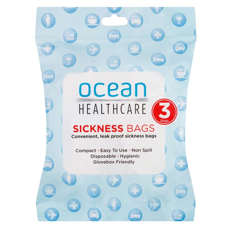 Ocean Sickness Bags 3 Pack Compact,disposable,Easy to use,Glovebox Friendly,google,Hygienic,issues,Leak Proof,Non Spill,Twist and seal lock to contain contents and odour