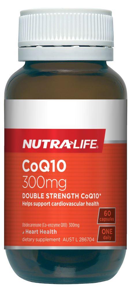 Nutralife CoQ10 heart health capsules in a bottle, 300mg, 60 capsules for cardiovascular health and energy support.