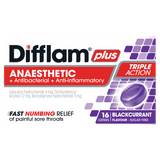 Difflam Plus Anaesthetic + Antibacterial + Anti-inflammatory lozenges Blackcurrant 16 difflam plus,issues,sore throat lozenges