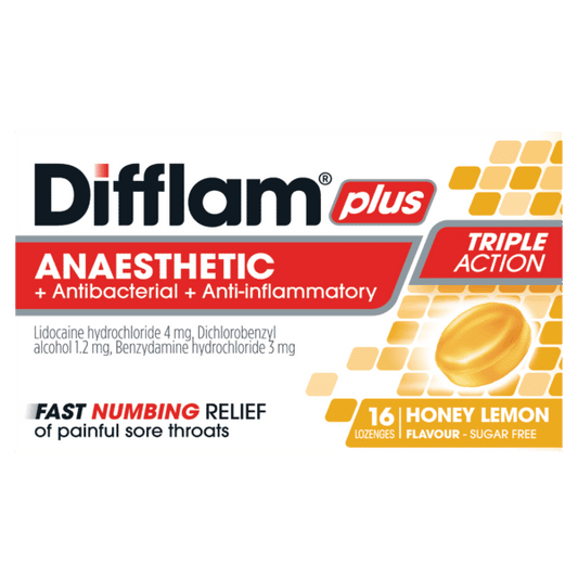 Difflam Plus Anaesthetic + Antibacterial + Anti-inflammatory Honey Lemon Lozenges