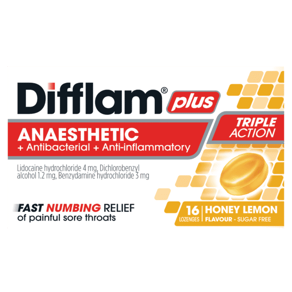 Difflam Plus Anaesthetic + Antibacterial + Anti-inflammatory Honey Lemon Lozenges