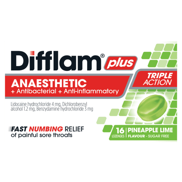 Difflam Plus Anaesthetic + Antibacterial + Anti-inflammatory lozenges Pineapple & Lime 16 difflam plus,issues,sore throat,sore throat lozenges