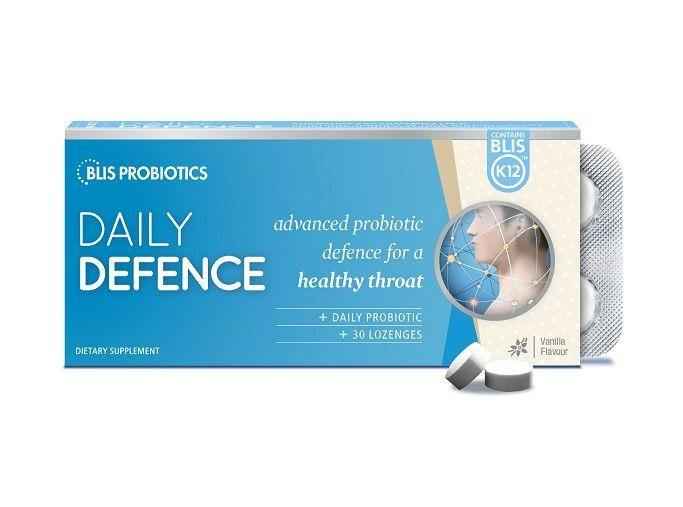 Blis Daily Defence Probiotic lozenges packaging for advanced gut health and throat support, vanilla flavor, 30 count.