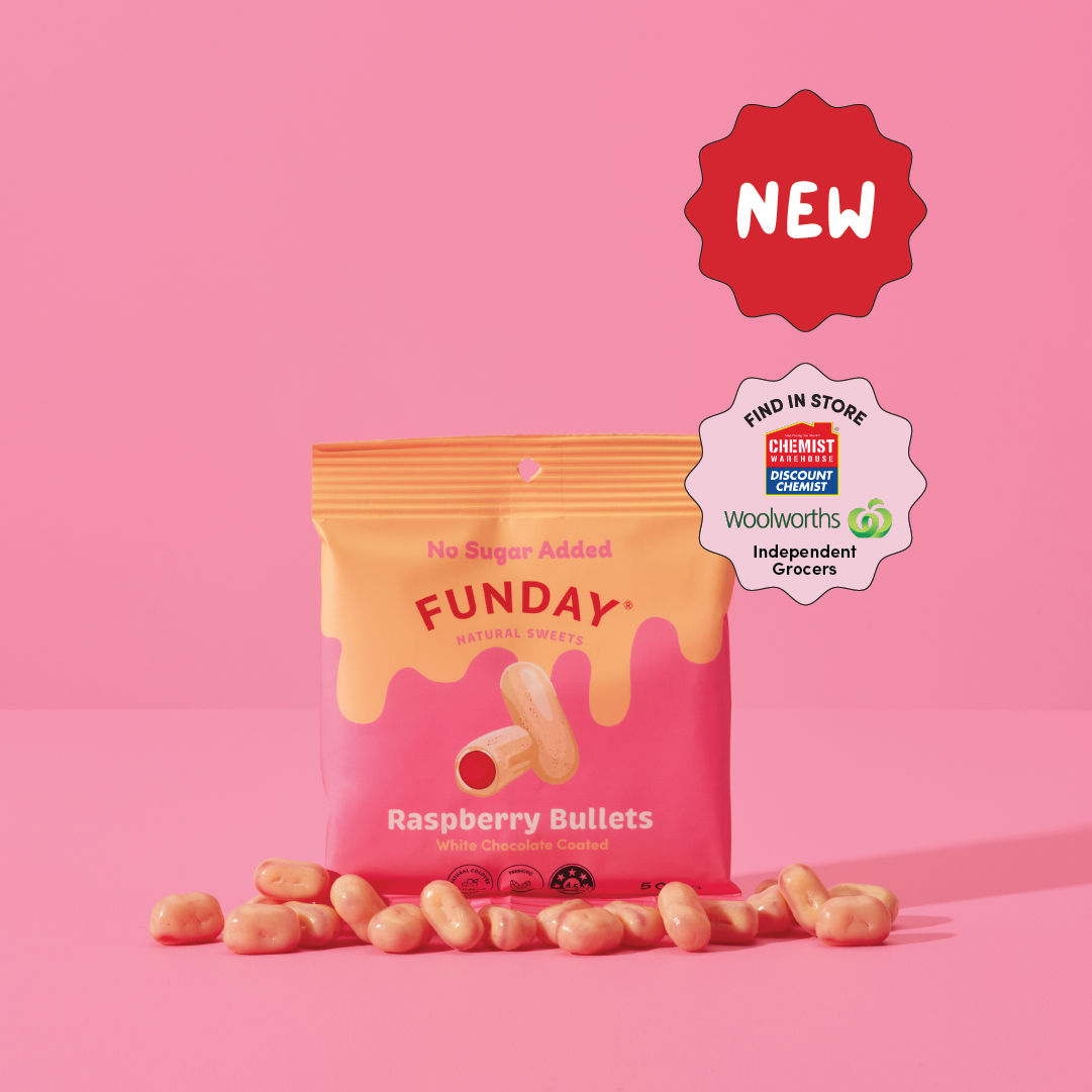 Funday Natural Sweets White Chocolate Raspberry Bullets 50g