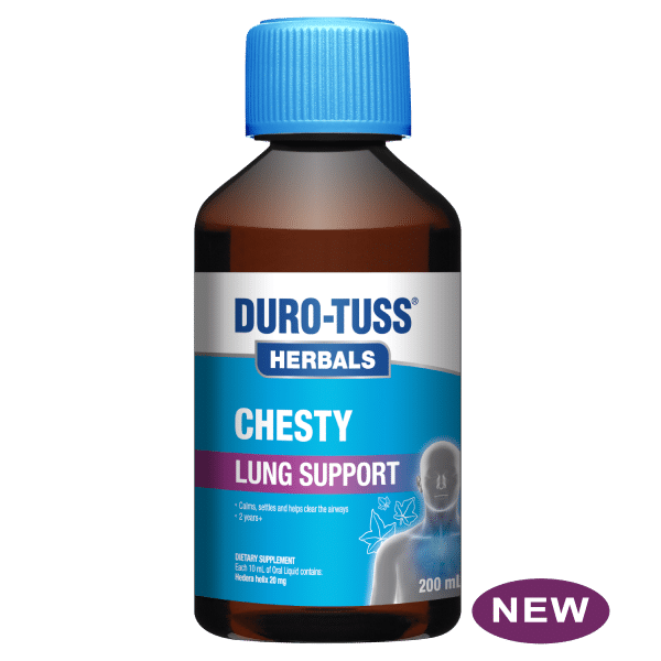 DURO-TUSS herbal chest congestion support 200ml bottle for lung health, calming airways and clearing mucus.