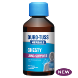 DURO-TUSS herbal chest congestion support 200ml bottle for lung health, calming airways and clearing mucus.