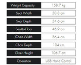 Specifications for Theorem dual motor recliner with headrest and lumbar support including dimensions and operation details.