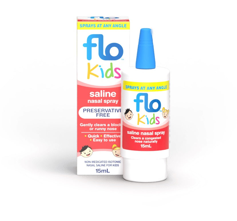 FLO Kids Saline Nasal Spray 15ml allergies,Baby blocked nose,Baby Nasal Congestion,Baby Nasal Saline Drops,baby‘s runny nose,blocked nose,Blocked Nose for Kids,colds,difficulty feeding and sleeping,Easy breathe,FLO Baby Saline Drops,FLO Baby Saline Drops