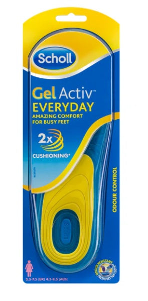Scholl Gel Activ Everyday Insoles Women 2x double cushioning,Freshfeet Top Cloth,improved shoe comfort,issues,Keeps feet feeling cool and dry,odour resistant technology,reduce the excessive pressur,Slim design,use in casual shoes