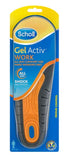 Scholl Gel Activ Work Insoles Men 12 hours shock absorption,alleviate pressure,Freshfeet Top Cloth,issues,Keeps feet feeling cool and dry,Legs and feet feel less tired,odour resistant technology