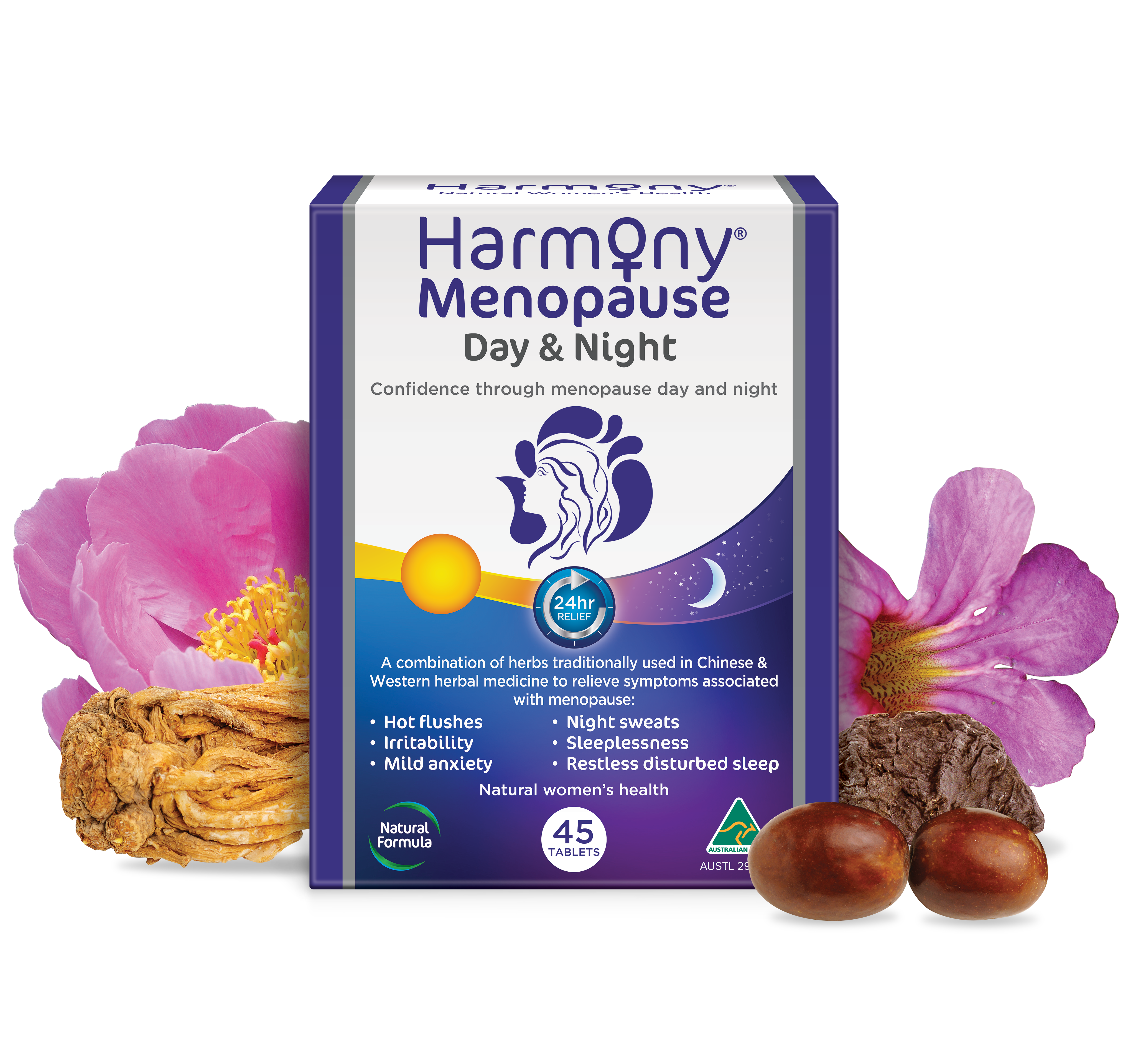 Harmony Menopause Tablets Day and Night 45 Tablets daily supplement,Harmony tablets,menopause relief,night formula,optimized,women's health