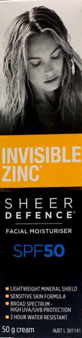 Invisible Zinc Sheer Defence SPF 50 untainted Facial Moisturiser 50gm invisible zinc,Invisible Zinc Sheer Defence SPF 50 Facial Moisturiser,issues,sheer defence,spf 50,sunscreen
