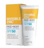 Invisible Zinc sunscreen Face & Body SPF 50 75g in packaging, offering high protection against UVA and UVB rays.