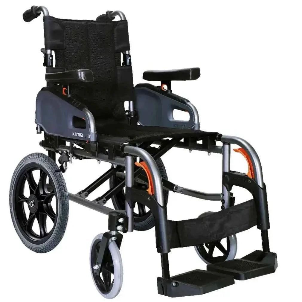 Karma Flexx Transit Wheelchair 90° hangers and stump supports,Configurable dimensions,Fixed angle adjustment in back canes -4 to +16 ° in set increments,Maximum User weight limit of 130kg,Options including elevating legrests
