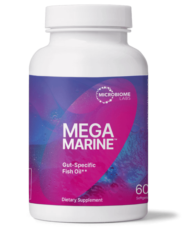 MegaMarine gut-specific fish oil dietary supplement in a softgel bottle with a vibrant design.