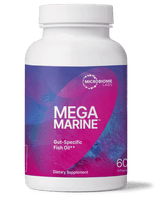 MegaMarine gut-specific fish oil dietary supplement in a softgel bottle with a vibrant design.