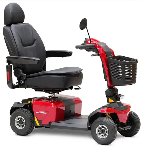 Pride Victory® 10 LX with CTS Suspension Mobility Scooter 300 lbs. weight capacity,Auto-connecting front-to-rear cable,Bright pathway light,Comfortable Trac Suspension,Dual 12-amp-hour batteries,Feather-touch disassembly,Four wheels for stability,High-int