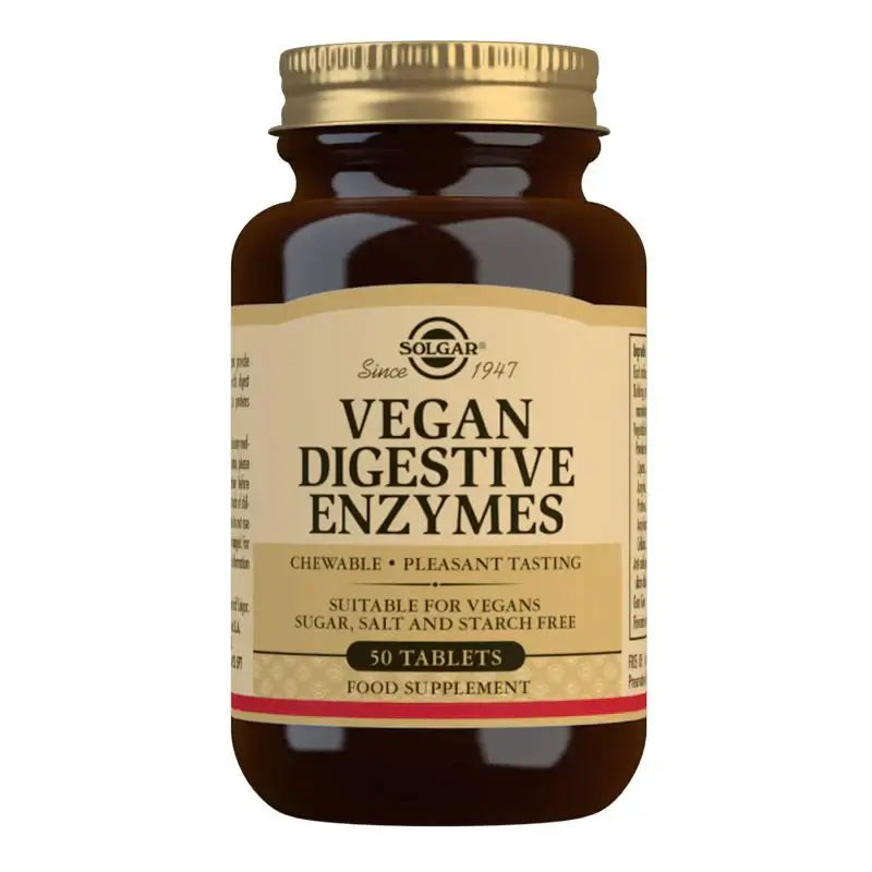 Solgar Vegan Digestive Enzymes 50 tablets Chewable tablets especially formulated for Vegans Specialist formula of several digestive enzymes to support a restricted diet Helps your digestive system extract nutrients from your food Free from sugar,digestive