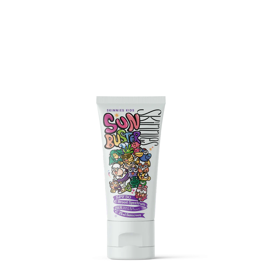 Sun Busters sunscreen tube with colorful design on a white background