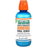 Therabreath fresh breath rinse bottle with invigorating icy mint flavor, fights bad breath for 24 hours.