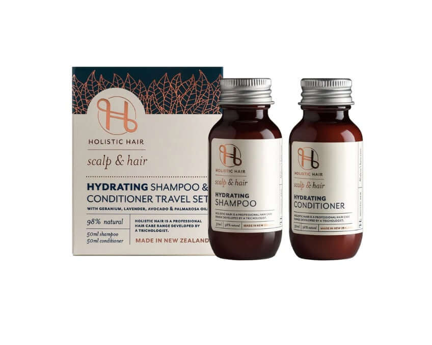 Holistic Hydrating Shampoo and Conditioner 50ml Travel Set Aids Styling,benefits of hair,Chemically treated hair,Colour Protect Shampoo,colour retention,Coloured hair,Conditions and Combats frizz,Curly hair,Damaged hair,dehydrated hair,Directions for U,dr