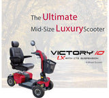 Pride Victory® 10 LX with CTS Suspension Mobility Scooter 300 lbs. weight capacity,Auto-connecting front-to-rear cable,Bright pathway light,Comfortable Trac Suspension,Dual 12-amp-hour batteries,Feather-touch disassembly,Four wheels for stability,High-int