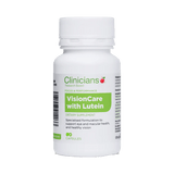 Clinicians Visioncare capsules for supporting eye and macular health in a white bottle.