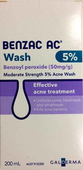 Benzac AC acne wash 5% packaging, 200ml, effective acne treatment, unblocks pores, kills acne bacteria.