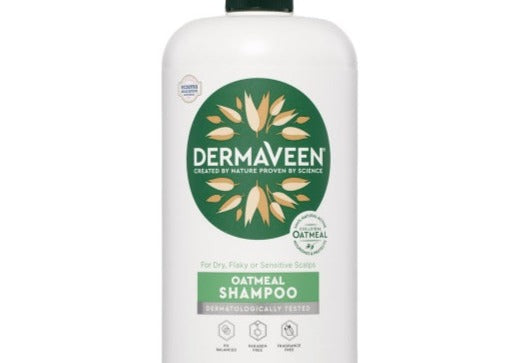 DermaVeen Oatmeal Shampoo for Sensitive Scalps 250 ml bottle, dermatologically tested, pH balanced, paraben and fragrance free.