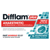 Difflam Plus Anaesthetic + Antibacterial + Anti-inflammatory lozenges Eucalyptus Menthol flavour 16 anaesthetic,anti-inflammatory,antibacterial,antibacterial lozenges,issues,local anaesthetic
