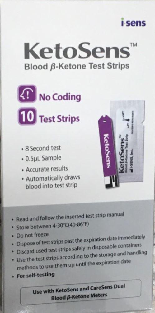 KetoSens Blood Ketone Strips package featuring 10 keto blood ketone strips for accurate testing with CareSens meter.