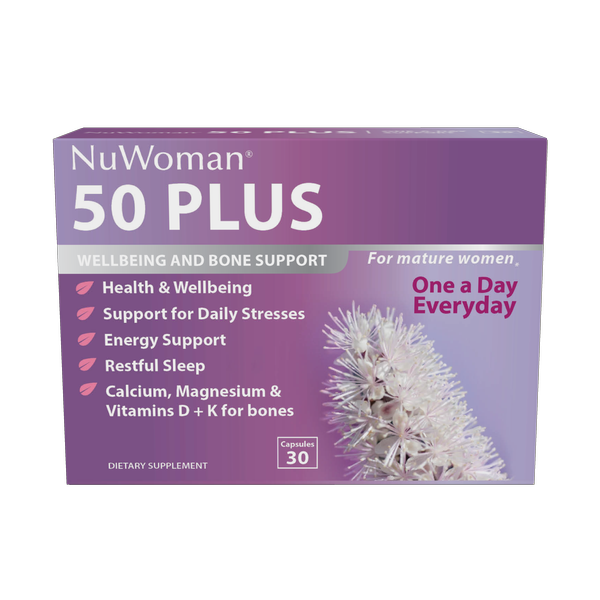 NuWoman 50 PLUS Wellbeing and Bone Support 30 capsules 50plus,calcium,energy support,issues,magnesium,menopause plus bone,NuWoman,nuwoman menopause,sleep,stress,vitaminD,vitaminK