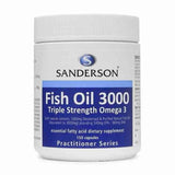 Sanderson Triple Strength Fish Oil 3000 container with 150 capsules for optimal health and Omega-3 supplementation.