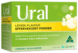 Ural OTC pack sachets, lemon flavour effervescent powder for urinary alkaliniser and relief from urinary tract infections.