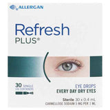 Refresh Plus Eye Drops box packaging for Dry Eyes relief, contains 30 single-use vials of 0.4ml.