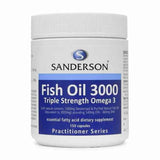 Sanderson Triple Strength Fish Oil 3000 supplement in a 150 capsule container featuring Omega-3 benefits.