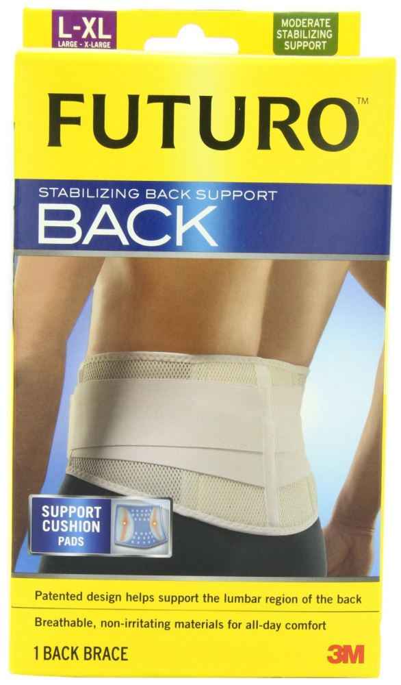 FUTURO back support stabilizer packaging featuring cushion pads for maximum comfort and stability.