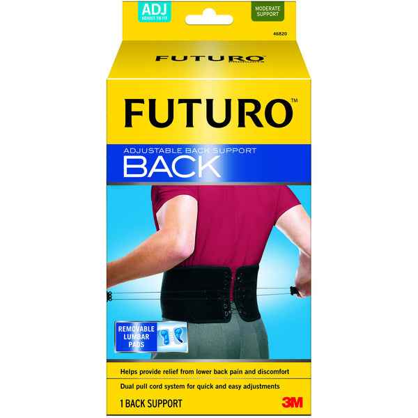 FUTURO Back Support packaging showcasing adjustable back support for pain relief and lumbar support features.