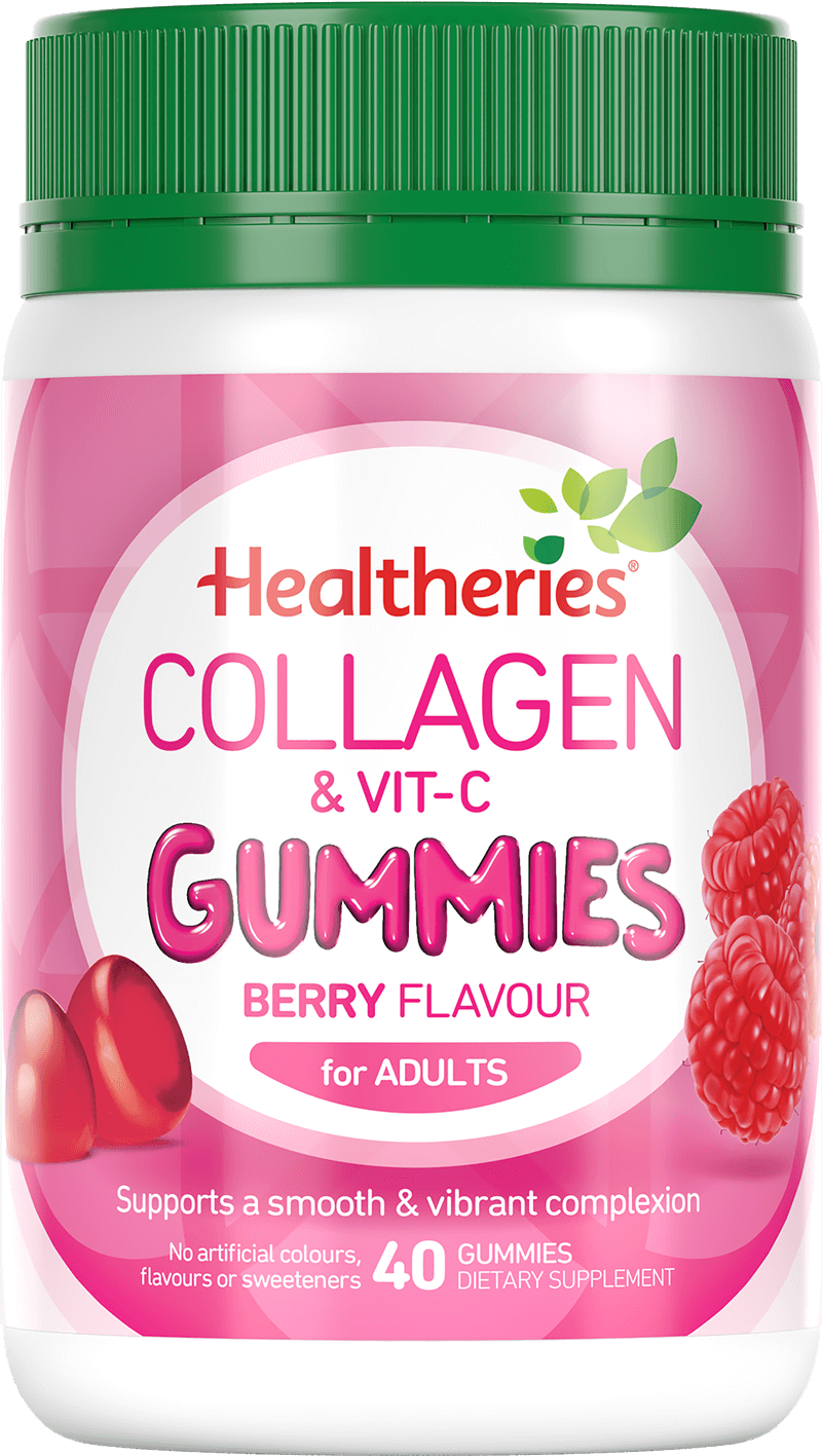 Healtheries Collagen gummies for adults Berry Flavour bottle with raspberries and a vibrant label.
