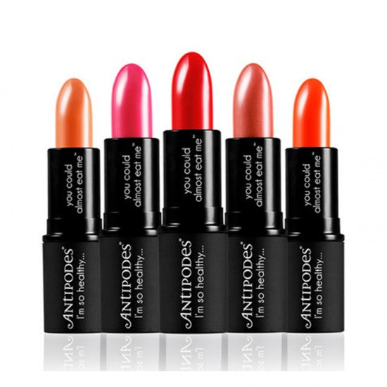 Antipodes Organic Lipstick in vibrant shades including vibrant red rose for long-lasting moisture.