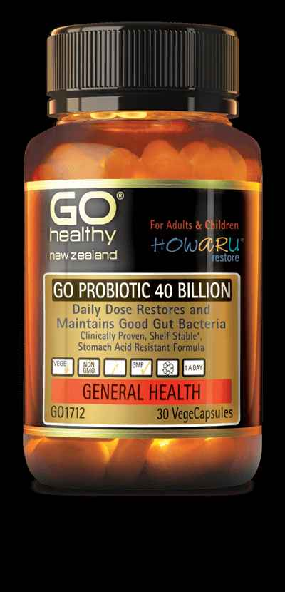 Go Healthy Probiotic 40 Billion bottle for gut health with 30 vege capsules and detailed benefits on label.