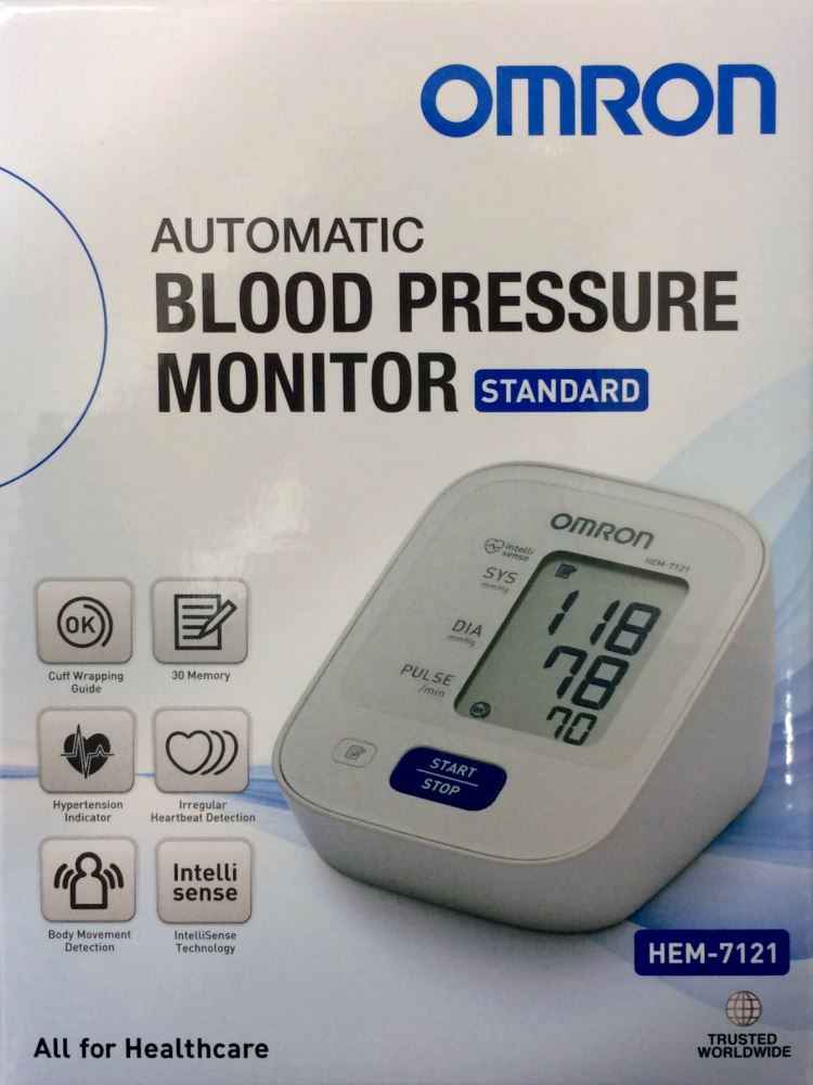 Omron blood pressure monitor HEM 7121 automatic standard model with display features and healthcare options.