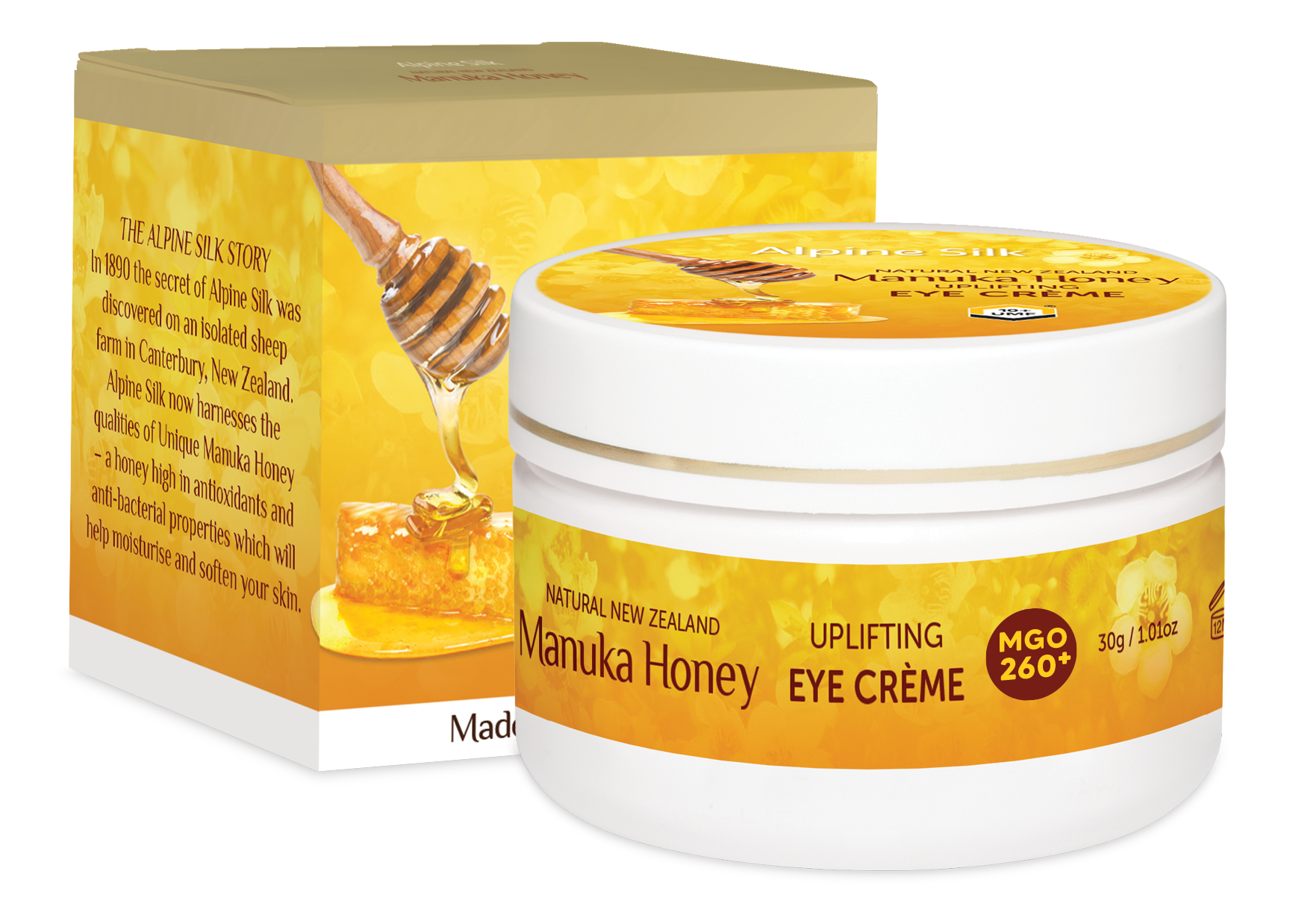 Alpine Silk Manuka Honey Eye Cream 30g alpine,alpine honey,alpine manuka honey,alpine silk,Alpine Silk Bee Venom Eye Creme 30g,Alpine Silk Bee Venom Face Mask 50g,Alpine Silk Bee Venom Gift Pack,Alpine Silk Bee Venom Moisturiser 50g,Alpine Silk Certified