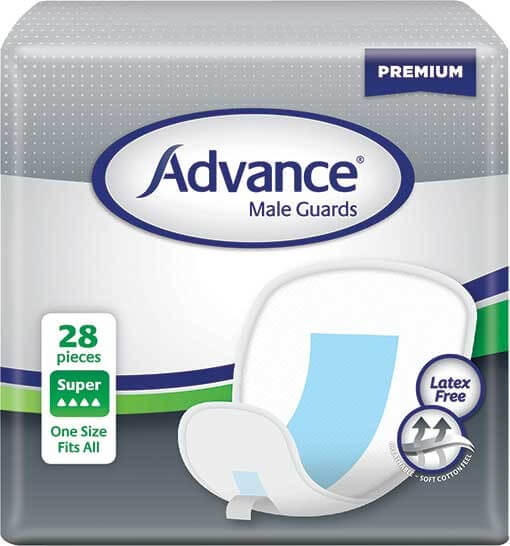 Advance® Male Guards breathable soft cover,cup-like contoured shape,Fixation Pants,issues,male anatomy,Male Guards,optimal dryness,protection,quickly absorb,stays comfortable,super absorbent polymers