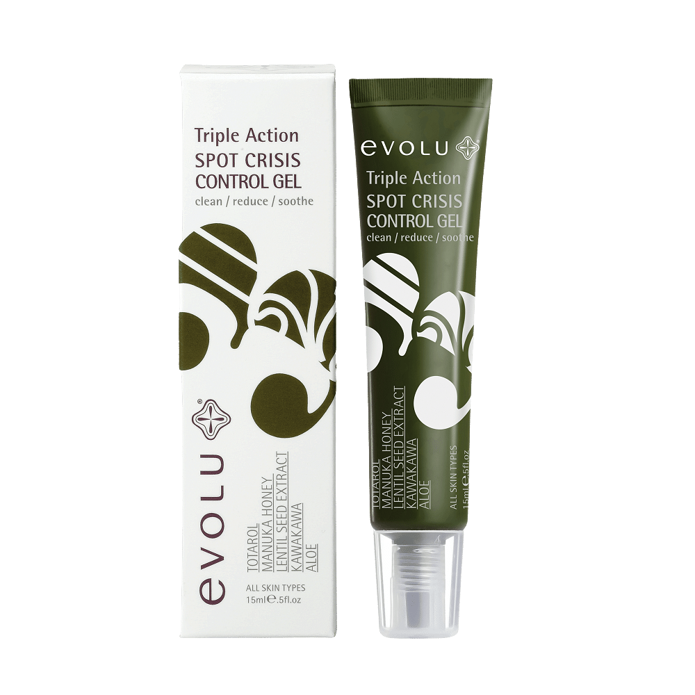 Evolu Triple Action Spot Crisis Control Gel 15 ml tube beside white box, clean/reduce/soothe blemishes