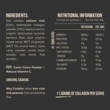 Ingredients and nutritional information for Chief Collagen Protein Bar Cashew Shortbread, featuring cashew nuts and collagen.