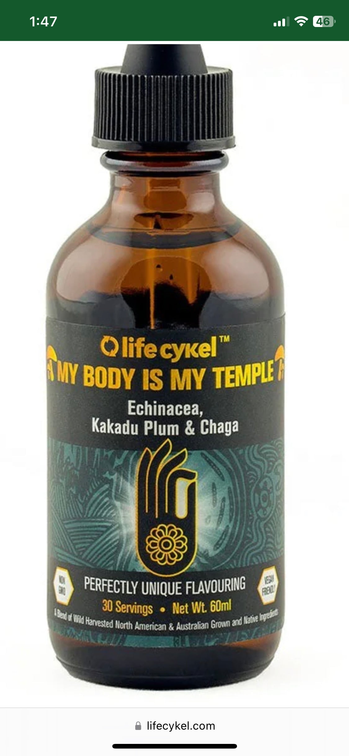 life cyKel My Body Is My Temple 60ml Echinacea (Echinacea purpurea),Finger Lime (Citrus australasica),issues,Kakadu Plum (Terminalia ferdinandiana),life cyKel My Body Is My Temple 60ml,Mushroom Flavour: Wild Harvested Chaga (Inonotus obliquus) Sclerotia