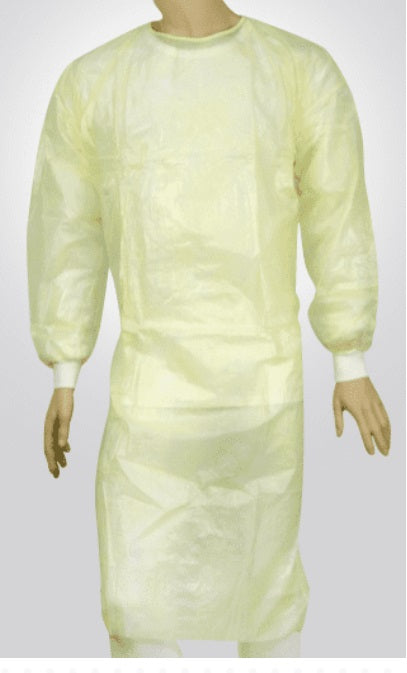 Advance® Disposable Yellow Isolation PP + PE Gowns with knitted cuffs 40gsm polypropylene,breathability,comfort,excellent protection,issues,knitted cuffs,Sizes available fitting up to size 5XL,waist ties.,woven polypropylene,Yellow colour